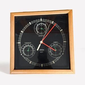Vintage Sunbeam Wall Clock w/Humidity, Barometer, Thermometer Quartz Wood Frame